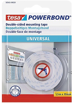 tesa® Dubbelsidig fästtejp, Powerbond® Universal, vit, 19&nbsp;mm x 1,5&nbsp;m, 58565 (rulle om 1.5 m)