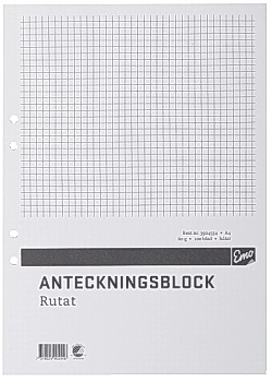 Anteckningsblock A4 100 blad rut hål TF