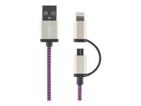 Kabel Ligtning + Micro-usb tygklädd lila