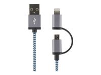 Kabel Ligtning + Micro-usb tygklädd blå